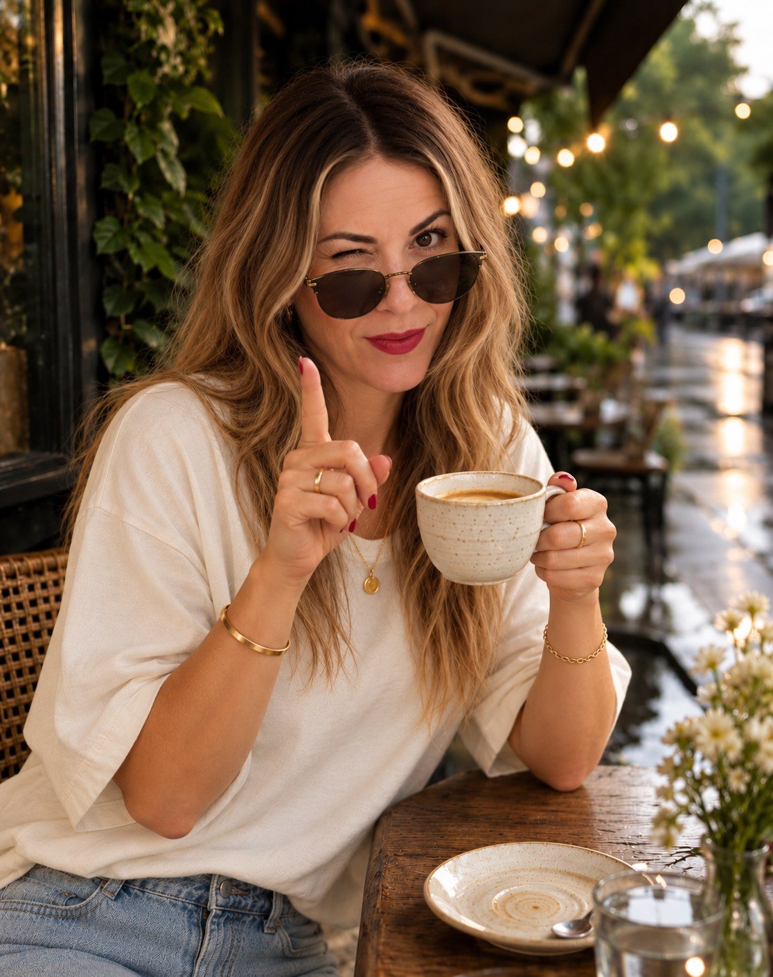 Sara en una terraza con un café en la mano, guiñando un ojo con gafas de sol.